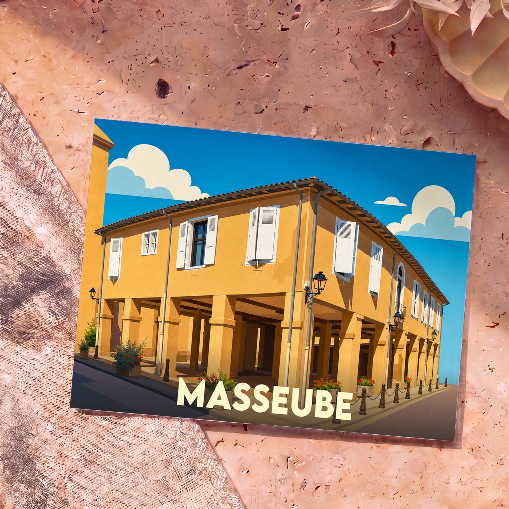 Carte postale souvenir de la ville de Masseube avec une illustration stylisée de son architecture traditionnelle.