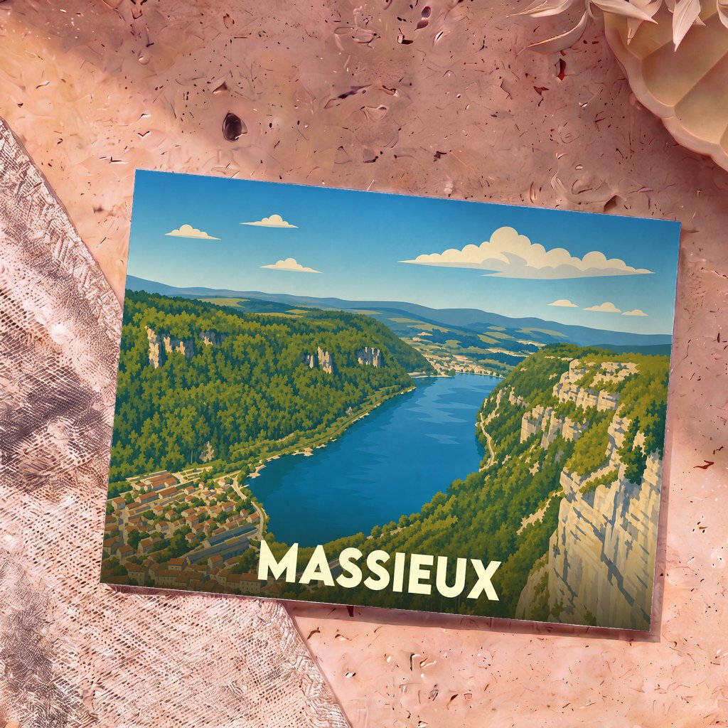 Carte postale souvenir de la ville de Massieux avec une illustration stylisée d'un paysage de vallée et de rivière.