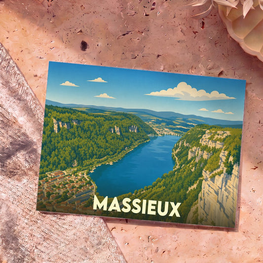 Carte postale souvenir de la ville de Massieux avec une illustration stylisée d'un paysage de vallée et de rivière.