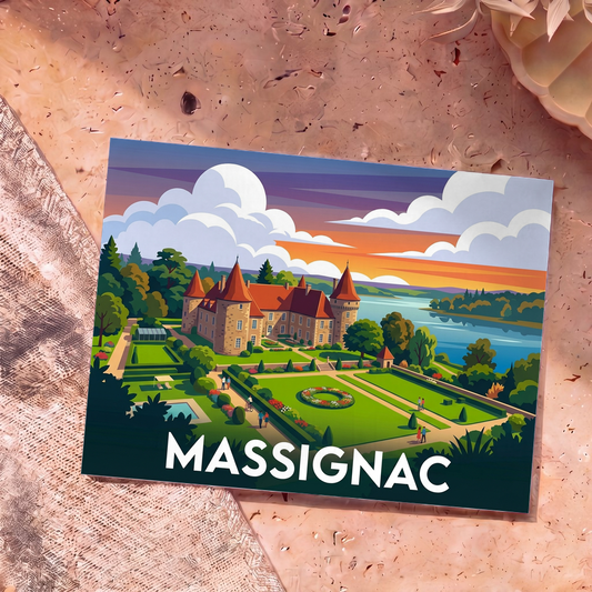 Carte postale souvenir de la ville de Massignac ornée d'une illustration stylisée de son château et de ses jardins.