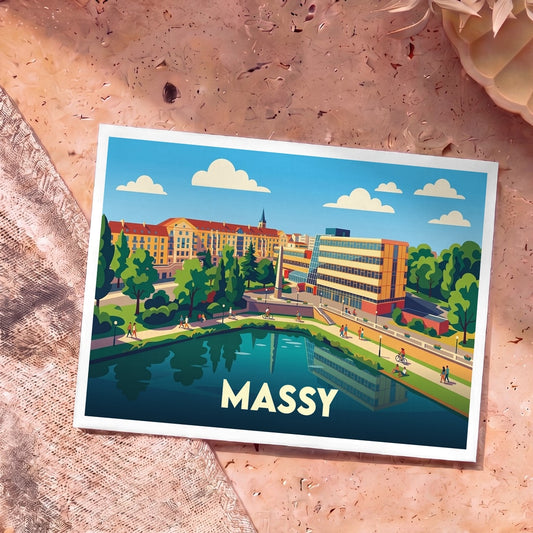 Carte postale souvenir de la ville de Massy avec une illustration colorée et stylisée de son paysage urbain.