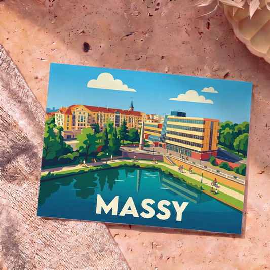 Carte postale souvenir de la ville de Massy avec une illustration colorée et stylisée de son paysage urbain.