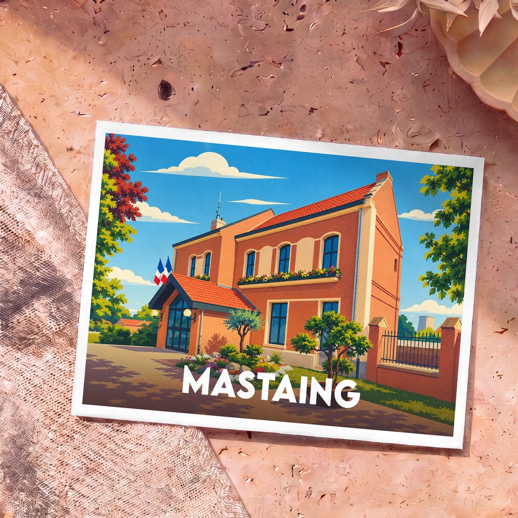 Carte postale souvenir de la ville de Mastaing avec une illustration stylisée d'un bâtiment typique sous un ciel bleu.