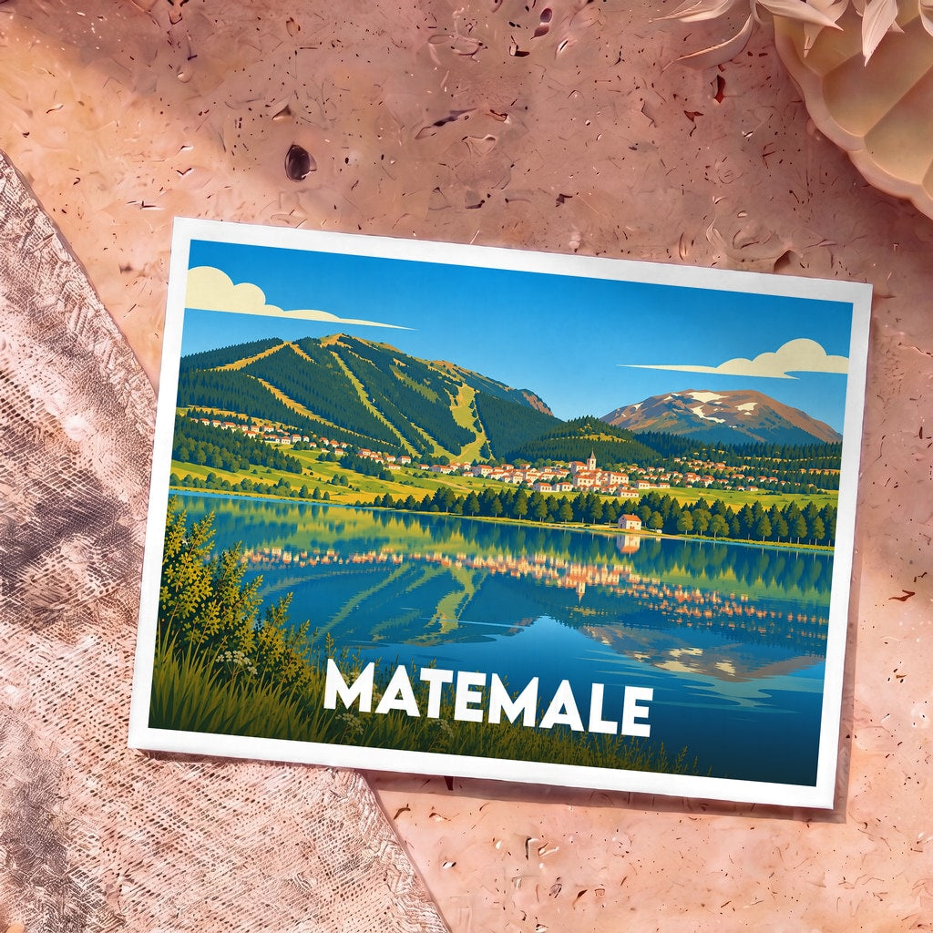 Carte postale souvenir de la ville de Matemale illustrant son lac et ses montagnes dans un style graphique épuré.