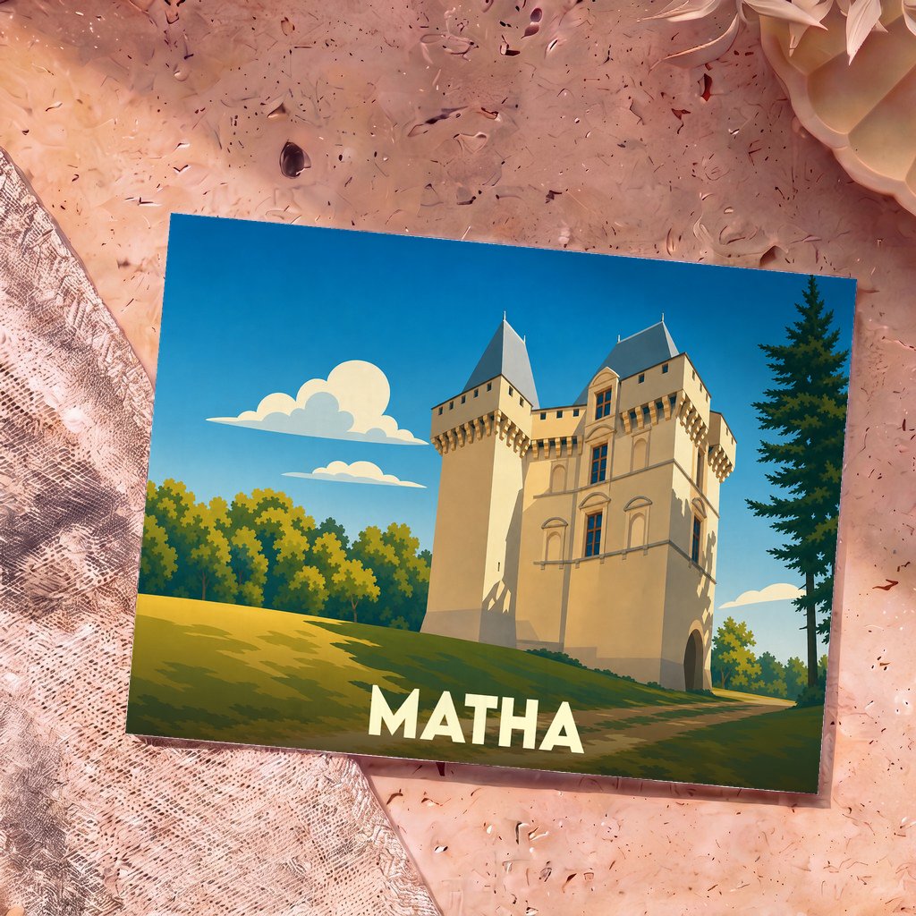Carte postale souvenir de la ville de Matha illustrant son château dans un style graphique épuré.
