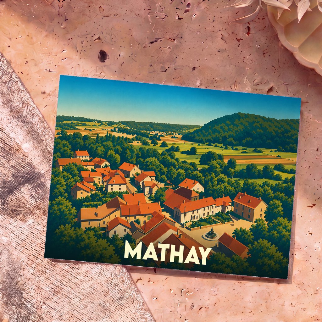 Carte postale souvenir de la ville de Mathay illustrée d'un paysage de campagne coloré et stylisé.