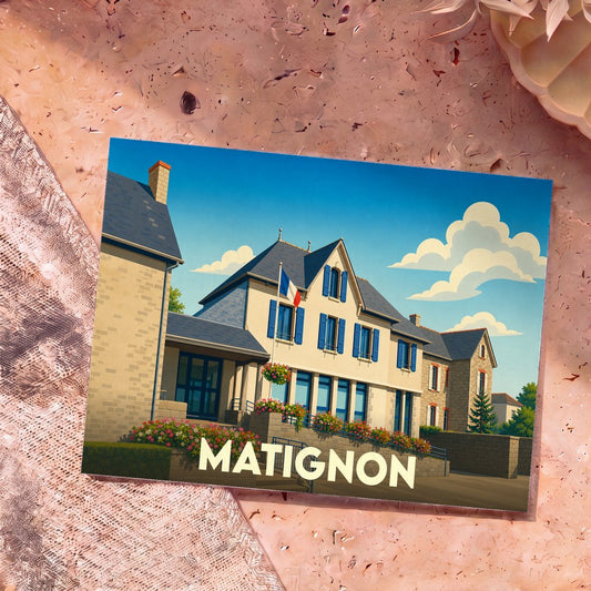 Carte postale souvenir de la ville de Matignon arborant une illustration stylisée d'un bâtiment typique sous un ciel azur.
