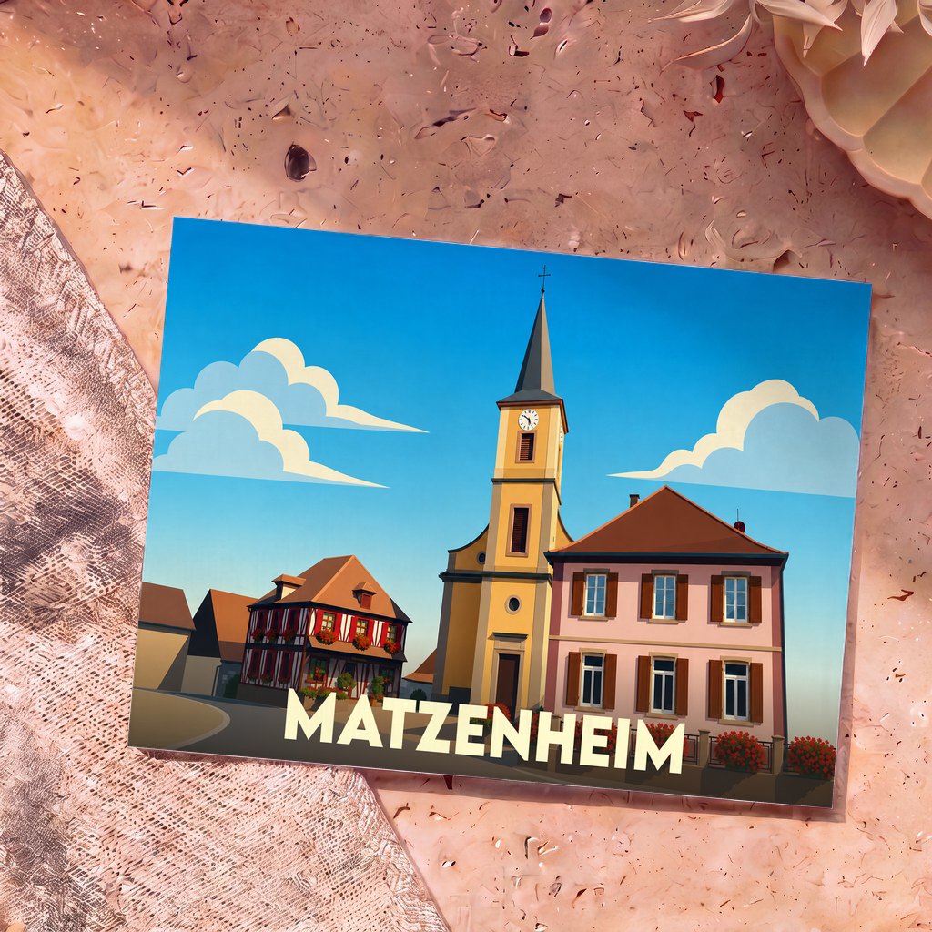 Carte postale souvenir de la ville de Matzenheim présentant une illustration stylisée de son église et de ses maisons à colombages.