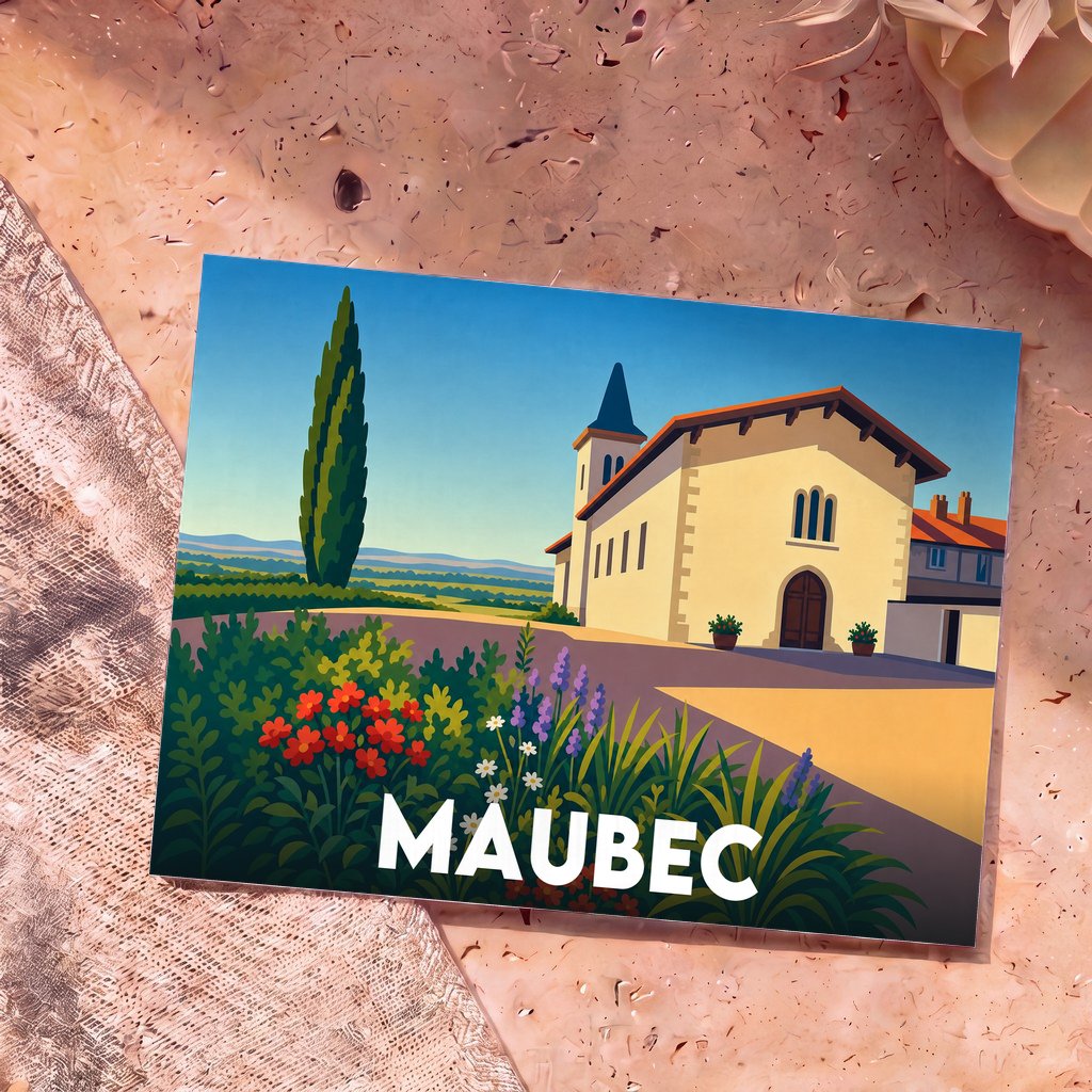 Carte postale souvenir de la ville de Maubec avec une illustration stylisée de son église et de paysages provençaux.