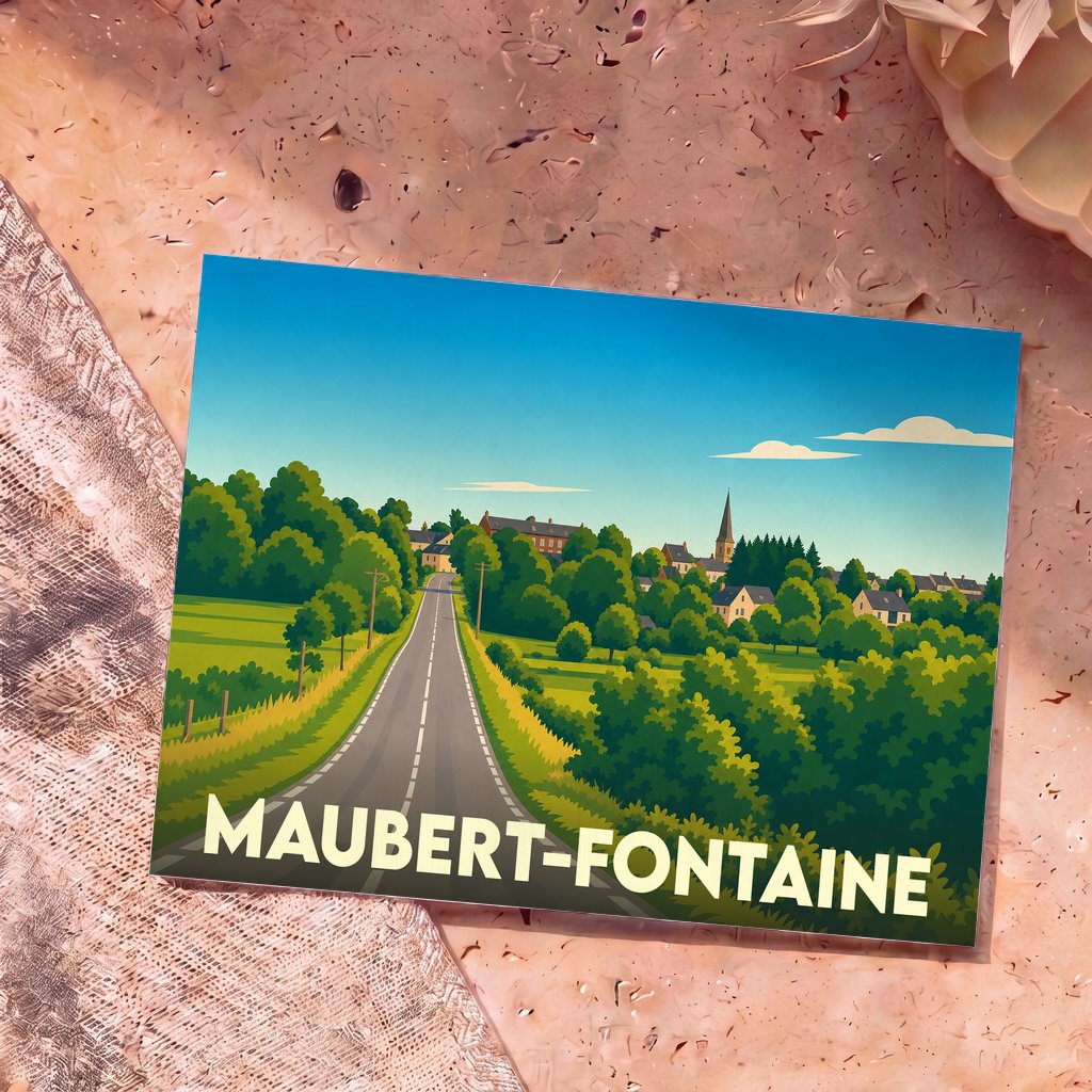 Carte postale souvenir de la commune de Maubert-Fontaine avec une illustration stylisée et colorée de son paysage rural.