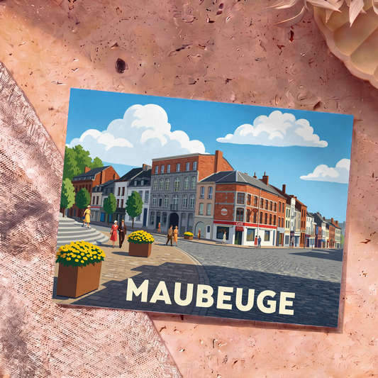 Carte postale souvenir de la ville de Maubeuge avec une illustration stylisée et colorée de son centre-ville historique.