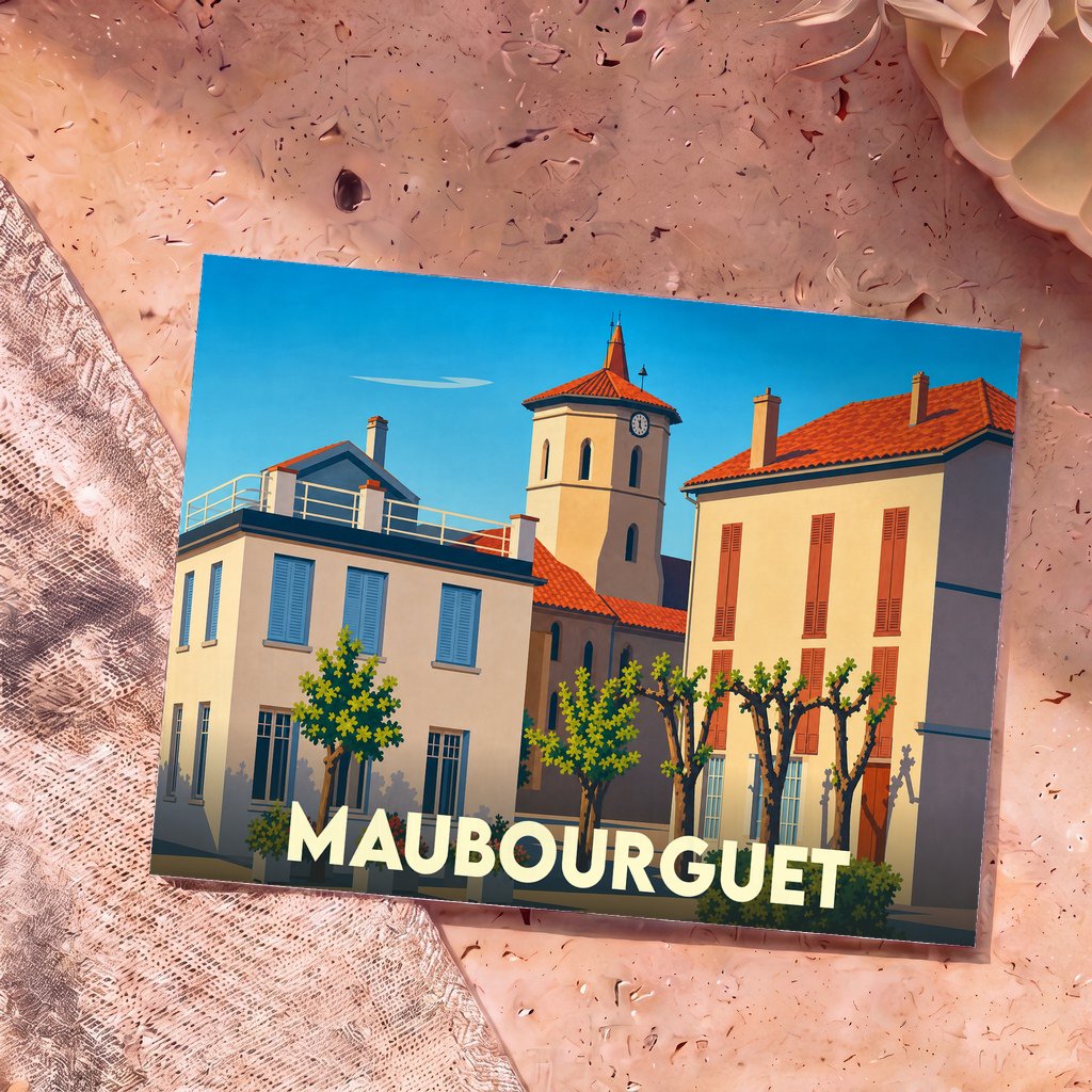 Carte postale souvenir de la ville de Maubourguet avec une illustration stylisée de ses bâtiments et de son église.
