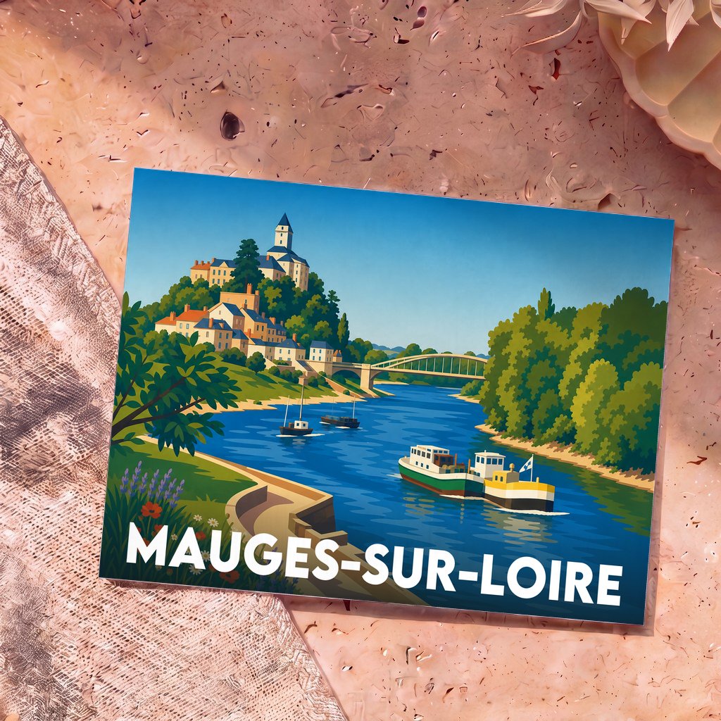 Carte postale souvenir de la ville de Mauges-sur-Loire avec une illustration stylisée des bords de Loire.