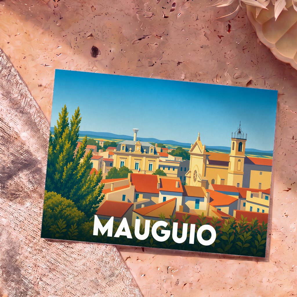 Carte postale souvenir de la ville de Mauguio avec une illustration stylisée et colorée de ses monuments et toitures.