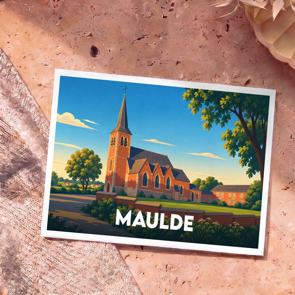 Carte postale souvenir de la ville de Maulde avec une illustration stylisée de son église sous un ciel bleu.