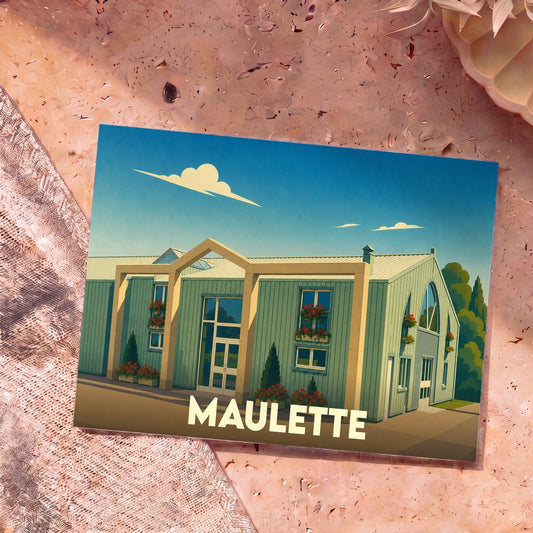 Carte postale souvenir de la ville de Maulette avec une illustration stylisée de sa salle des fêtes.