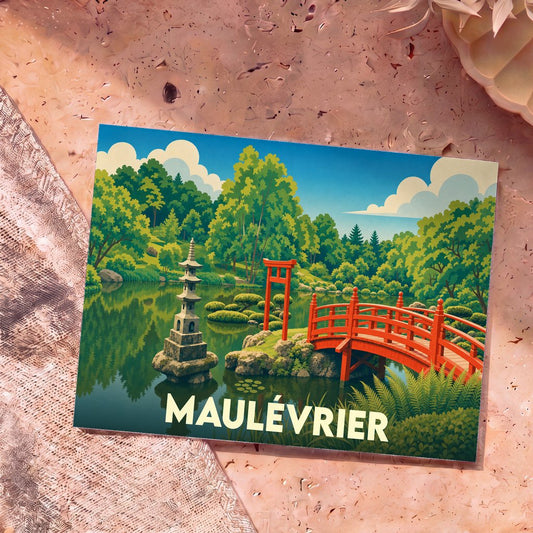 Carte postale souvenir de la ville de Maulévrier illustrant son jardin japonais avec son pont rouge et sa pagode.