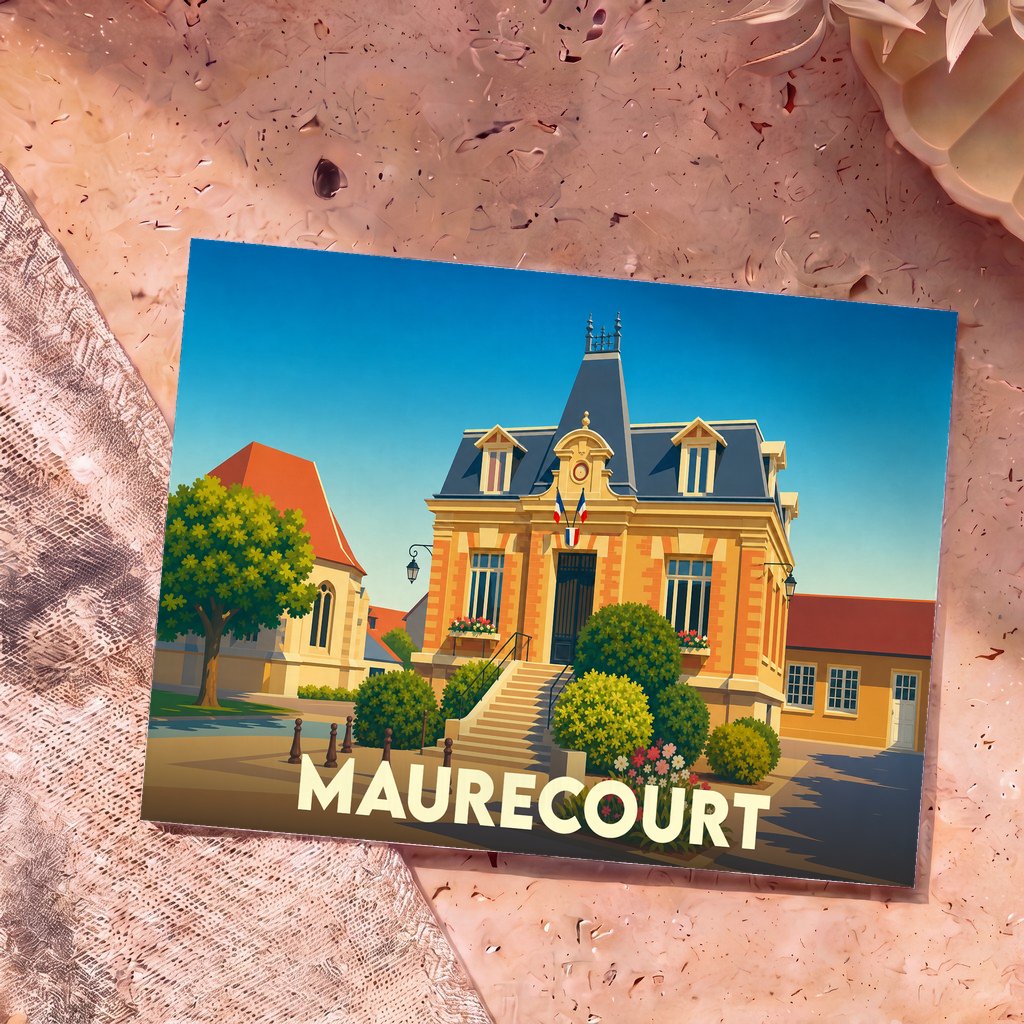 Carte postale souvenir de la ville de Maurecourt avec une illustration stylisée de son hôtel de ville.