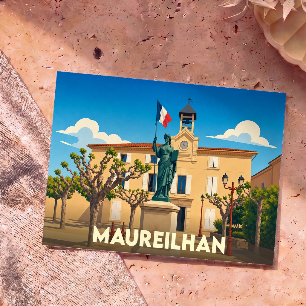 Carte postale souvenir de la ville de Maureilhan avec une illustration stylisée de sa mairie et d'une statue.