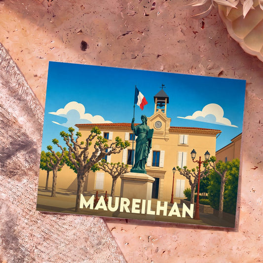 Carte postale souvenir de la ville de Maureilhan avec une illustration stylisée de sa mairie et d'une statue.