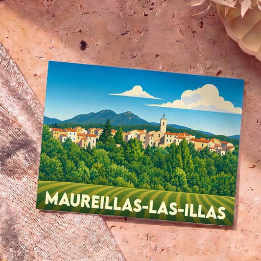 Carte postale souvenir de la ville de Maureillas-las-Illas avec une illustration stylisée.