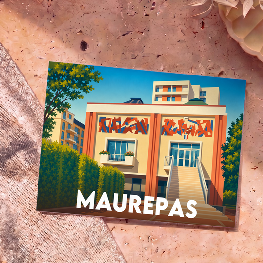 Carte postale souvenir de la ville de Maurepas avec une illustration stylisée de son architecture urbaine.