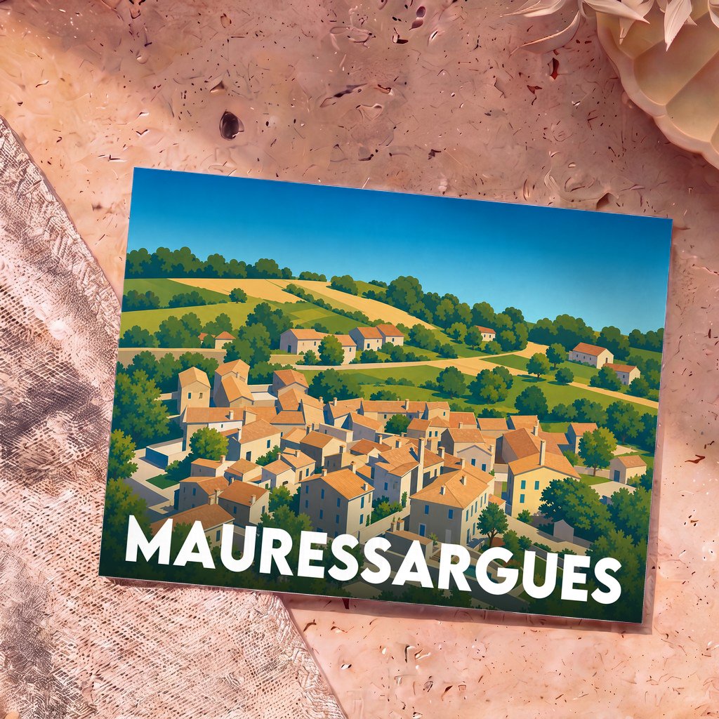Carte postale souvenir de la ville de Mauressargues avec une illustration stylisée de son village et de ses collines.
