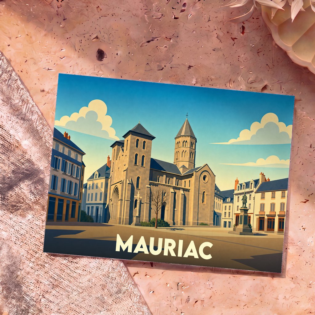Carte postale souvenir de la ville de Mauriac avec une illustration stylisée de sa basilique.