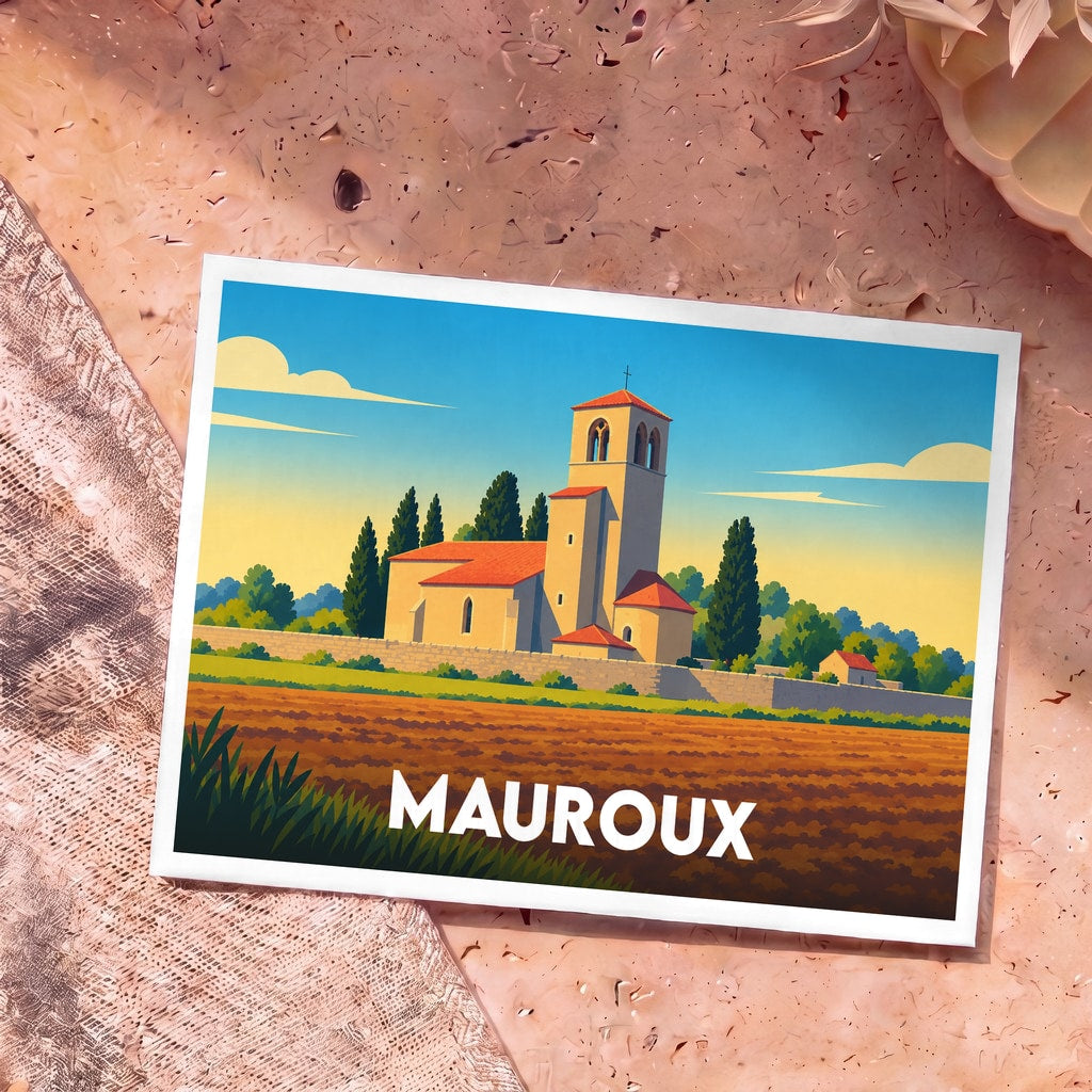 Carte postale souvenir de la ville de Mauroux avec une illustration stylisée de son église au milieu des champs.