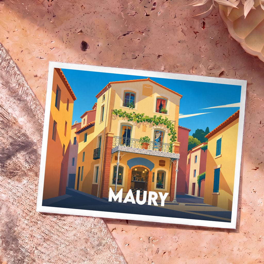 Carte postale souvenir de la ville de Maury avec une illustration stylisée et colorée d'une ruelle ensoleillée.