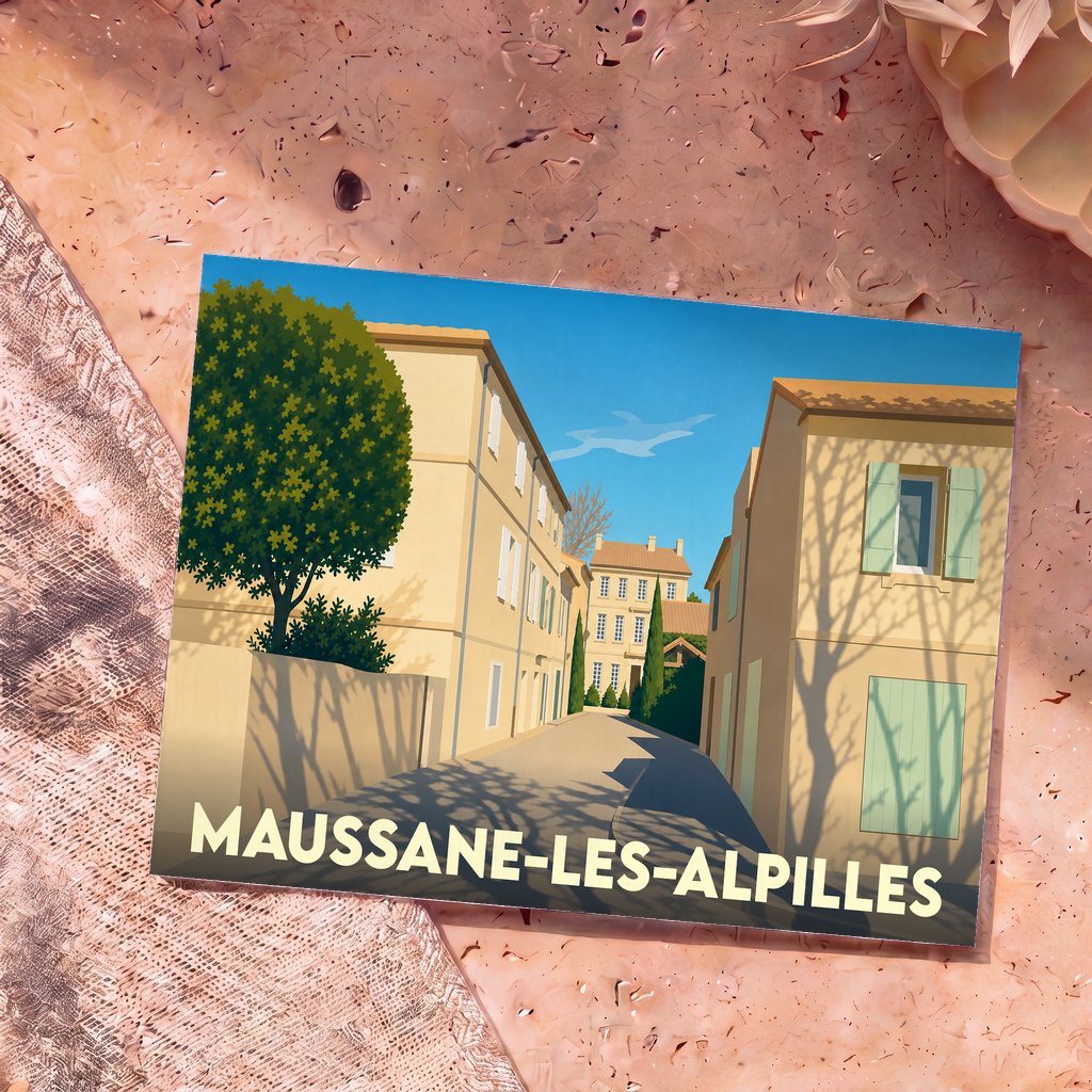 Carte postale souvenir de Maussane-les-Alpilles avec une illustration stylisée d'une ruelle provençale ensoleillée.