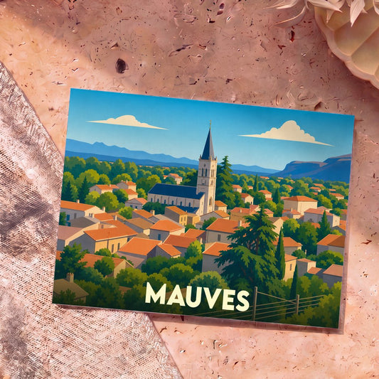 Carte postale souvenir de la ville de Mauves avec une illustration stylisée d'un village français.