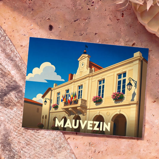 Carte postale souvenir de la ville de Mauvezin illustrant son hôtel de ville dans un style graphique et coloré.