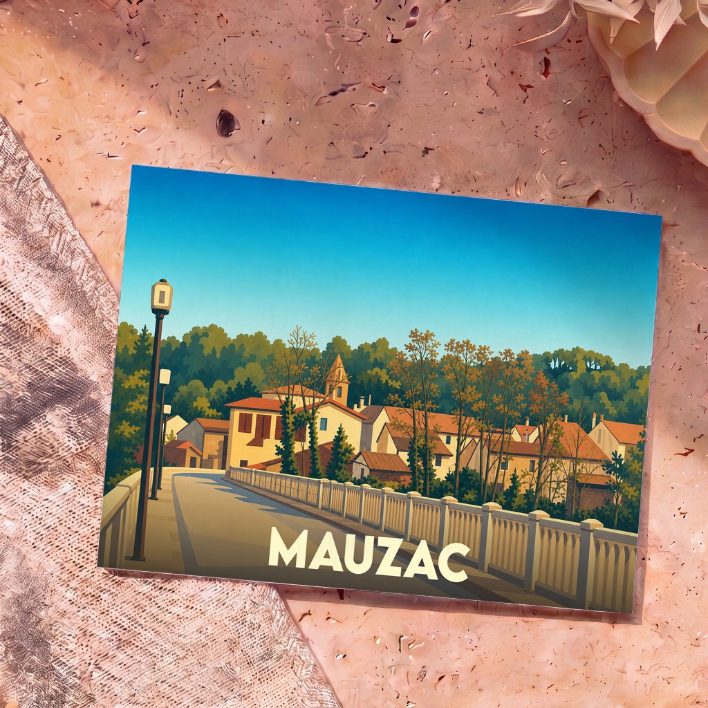 Carte postale souvenir de la ville de Mauzac avec une illustration stylisée représentant un pont et des maisons de village sous un ciel bleu.