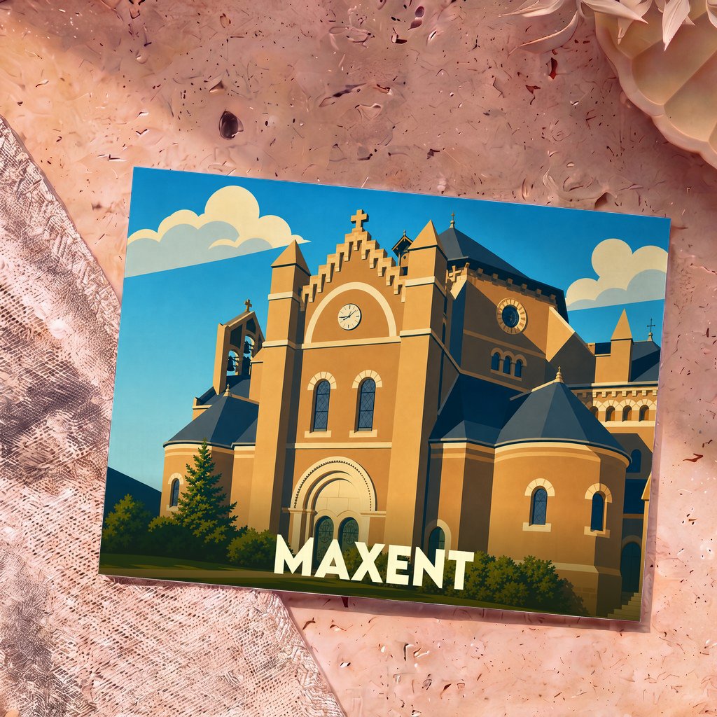 Carte postale souvenir de la ville de Maxent avec une illustration stylisée de son église sous un ciel bleu.