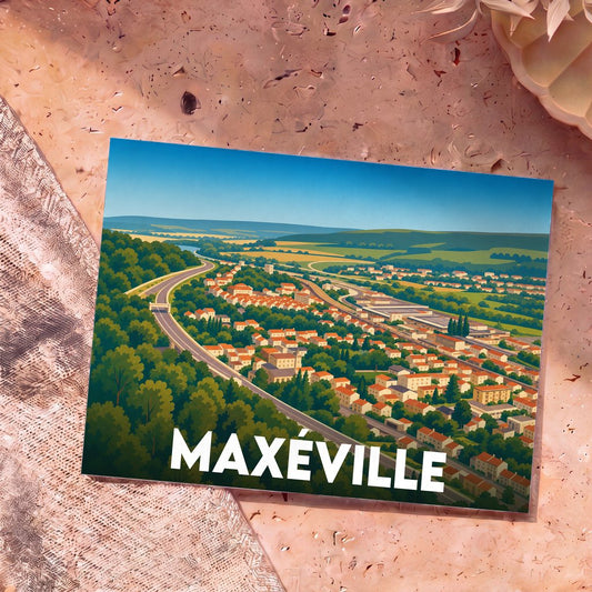 Carte postale souvenir de la ville de Maxéville avec une illustration stylisée d'un paysage urbain et verdoyant.