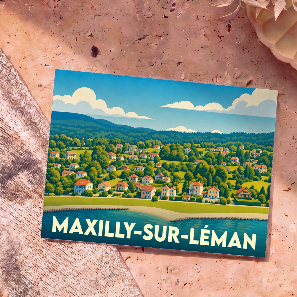 Carte postale souvenir de la ville de Maxilly-sur-Léman avec une illustration stylisée.