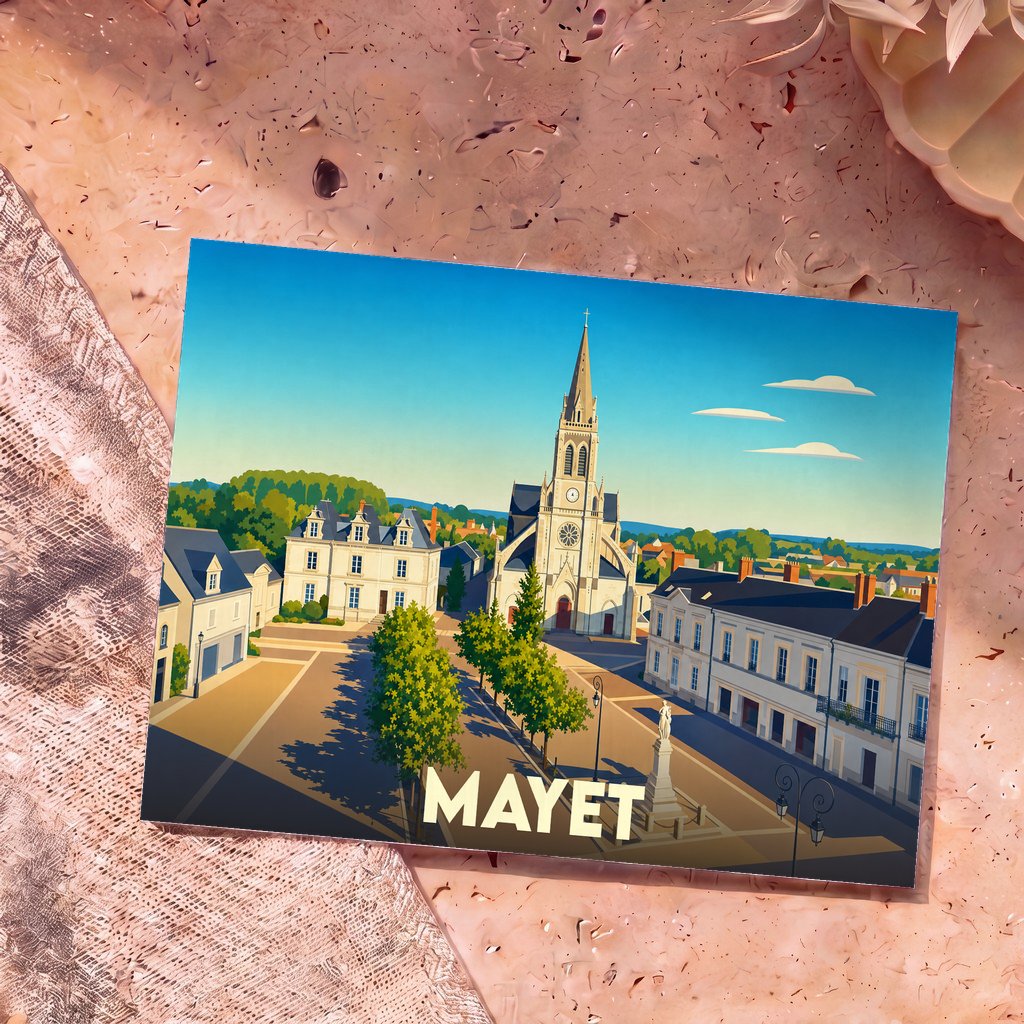 Carte postale souvenir de la ville de Mayet avec une illustration stylisée de son église et de sa place centrale.