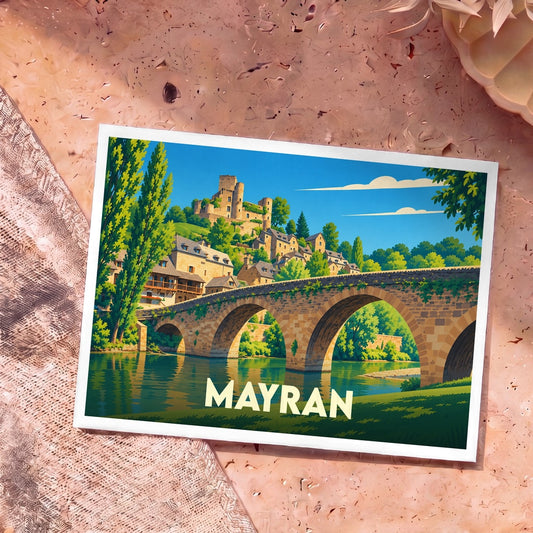 Carte postale souvenir de la ville de Mayran avec une illustration stylisée d'un pont en pierre et d'un château.