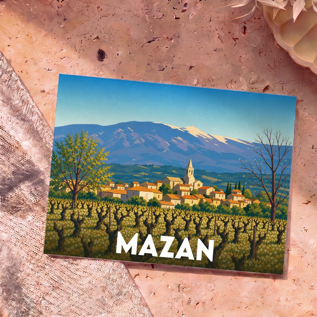 Carte postale souvenir de la ville de Mazan illustrant un paysage de vignobles et de montagnes dans un style graphique épuré.