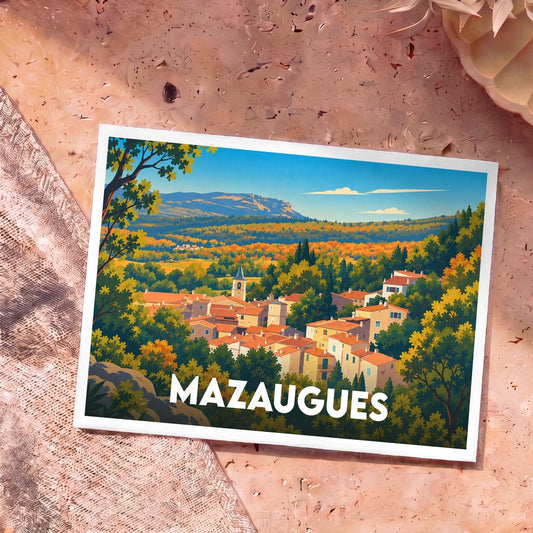 Carte postale souvenir de la ville de Mazaugues avec une illustration stylisée d'un village niché dans une vallée verdoyante.