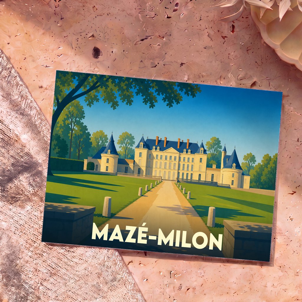 Carte postale souvenir de la ville de Mazé-Milon illustrée par un château de style classique sous un ciel bleu.