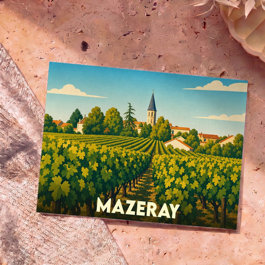 Carte postale souvenir de la ville de Mazeray avec une illustration stylisée de son vignoble et de son église.