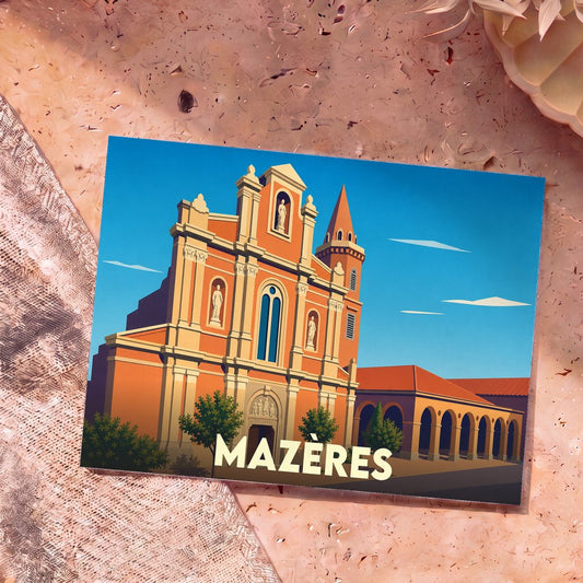 Carte postale souvenir de la ville de Mazères avec une illustration stylisée de son église et de ses arcades.