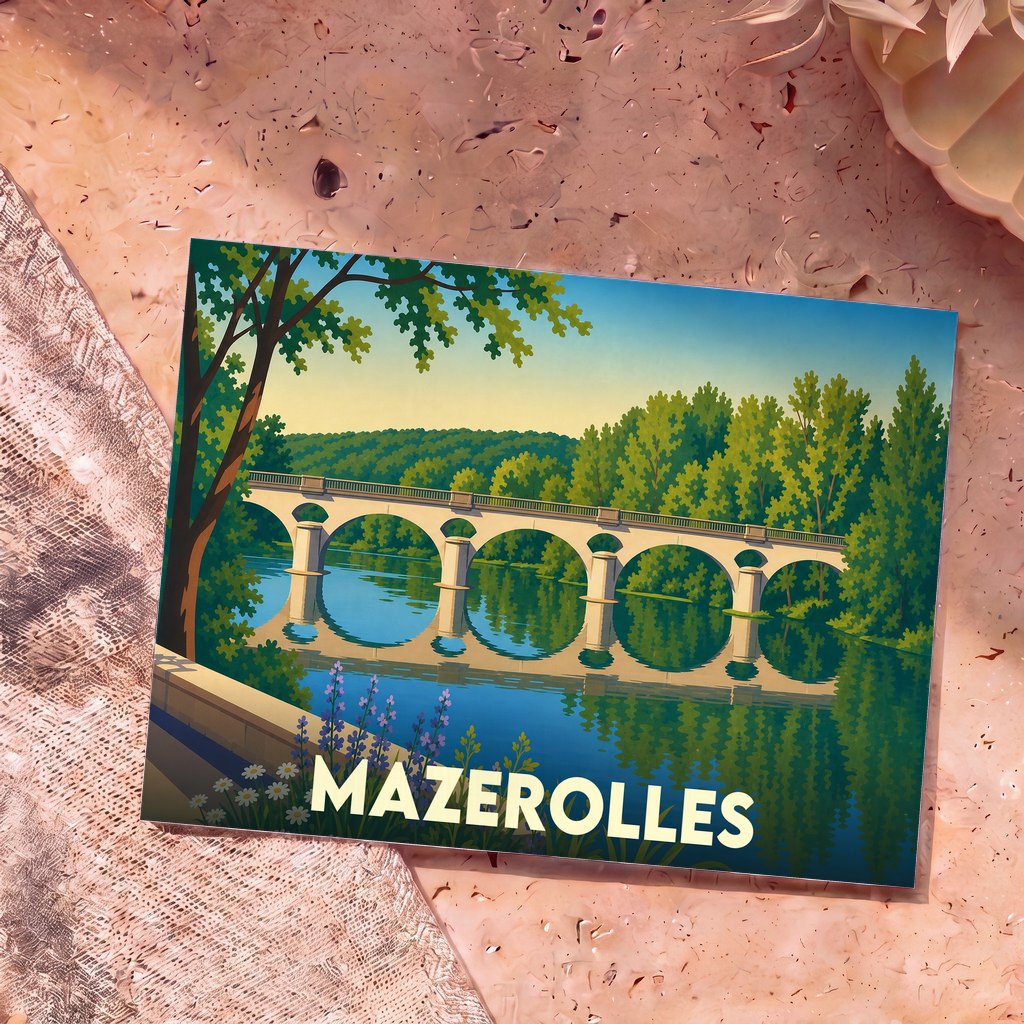 Carte postale souvenir de la ville de Mazerolles illustrant un pont à arches se reflétant dans l'eau.