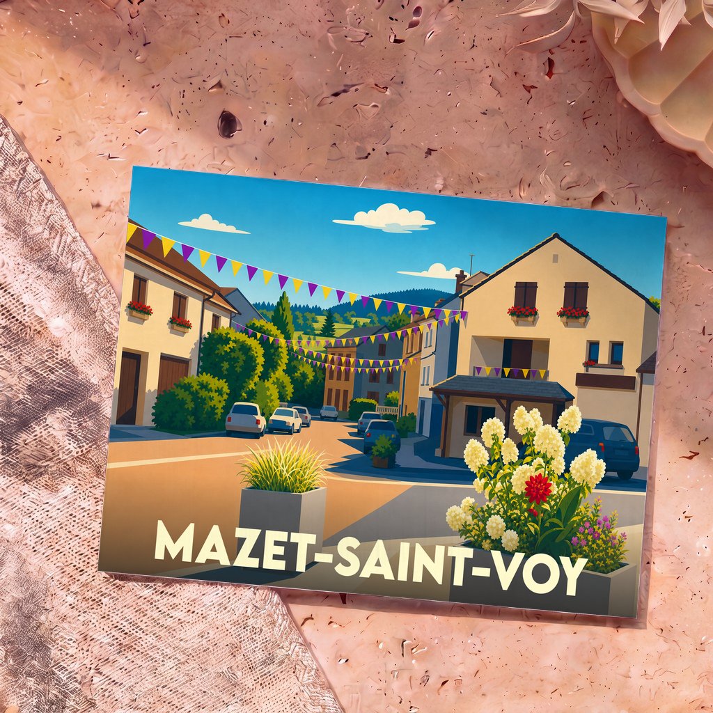 Carte postale souvenir de la ville de Mazet-Saint-Voy présentant une illustration colorée et stylisée d'une rue festive du village.