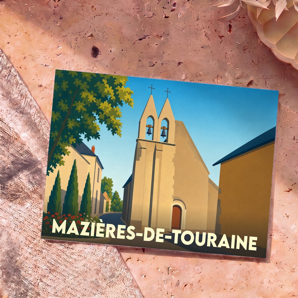 Carte postale souvenir de la ville de Mazières-de-Touraine avec une illustration stylisée de son église.