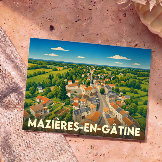 Carte postale souvenir de la ville de Mazières-en-Gâtine avec une illustration stylisée d'un village français entouré de verdure.