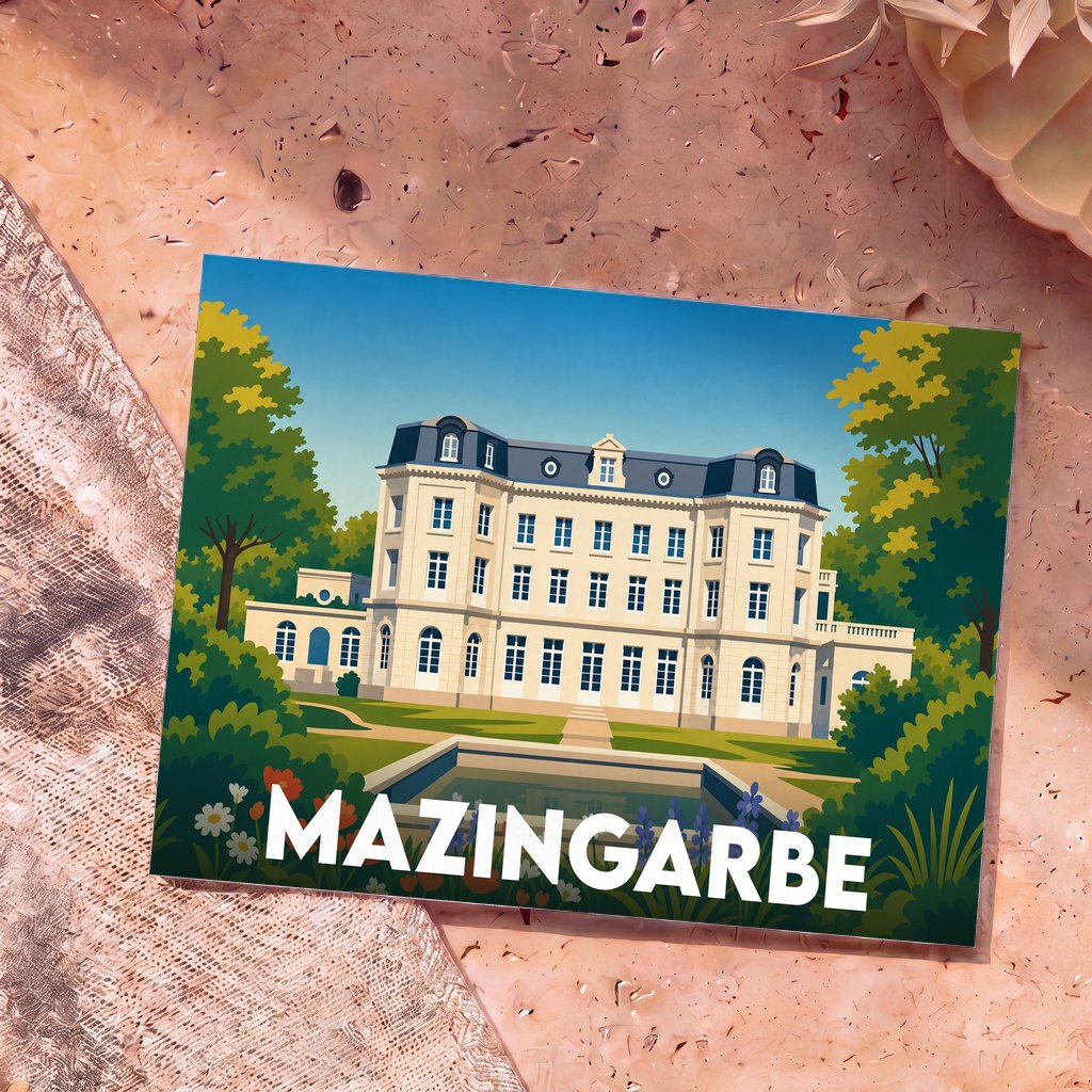Carte postale souvenir de la ville de Mazingarbe illustrant son château dans un style graphique épuré.