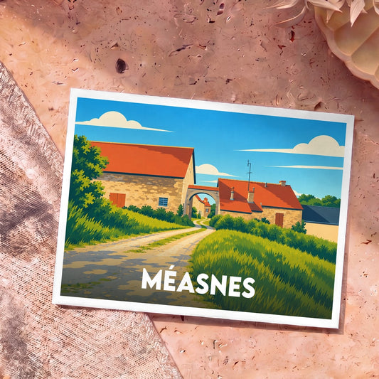 Carte postale souvenir de la ville de Méasnes avec une illustration stylisée de bâtiments ruraux.